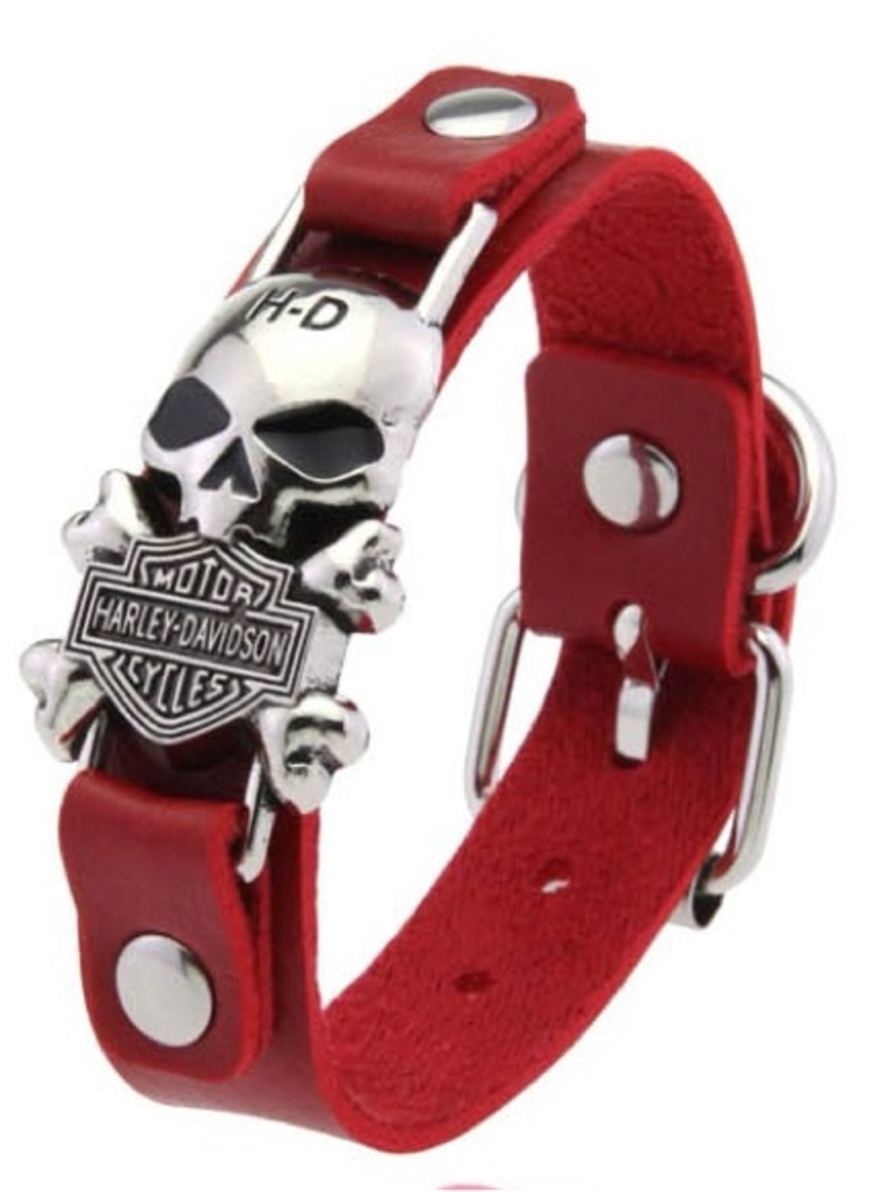 Harley-Davidson red Leather Skull Bracelet with Silver Plaque